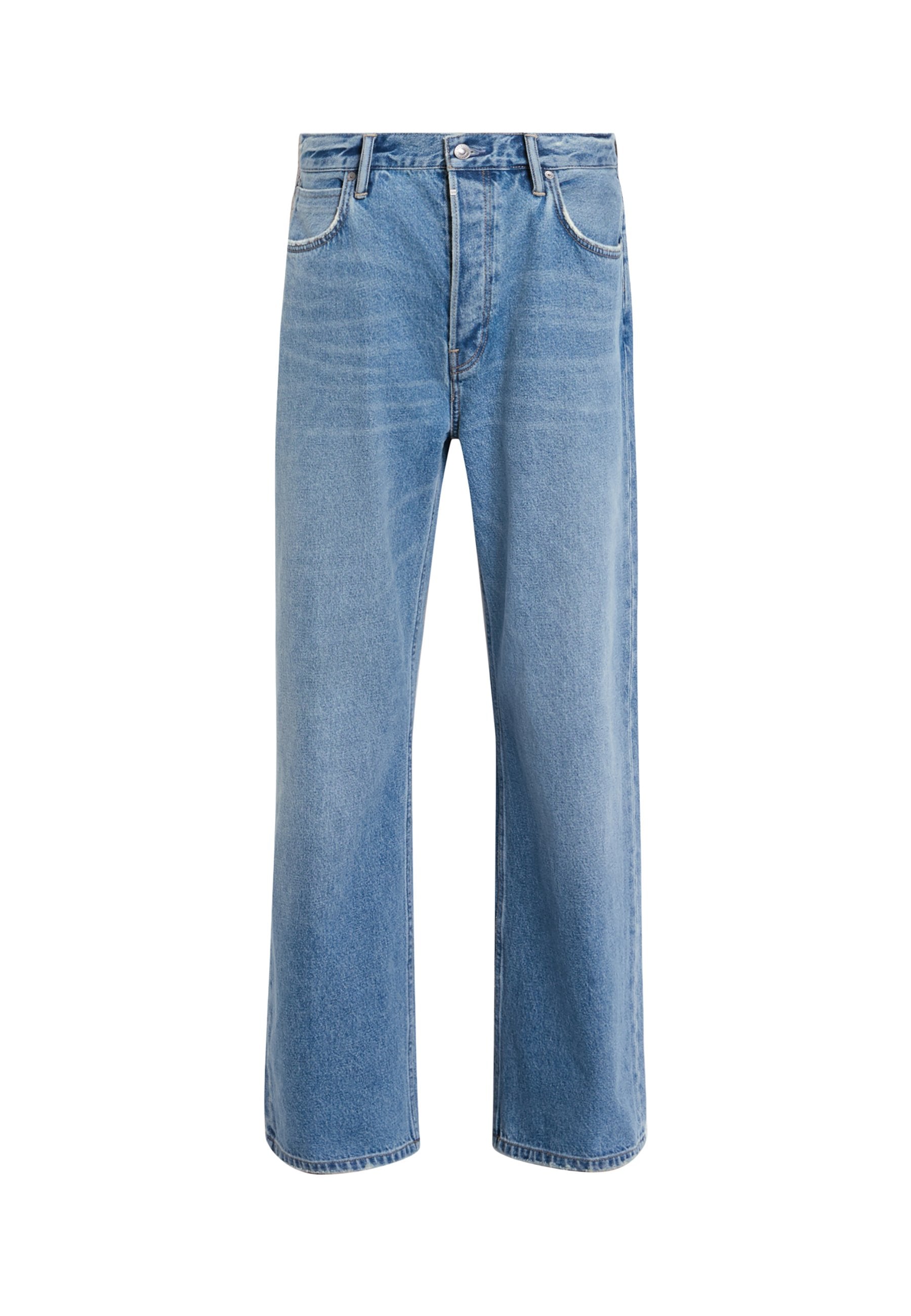 Helle blaue Jeans im Geradeschnitt-Design, mit fünf Taschen, Knopfverschluss, minimaler Ausbleichung und kontrastierenden Nähdetails.