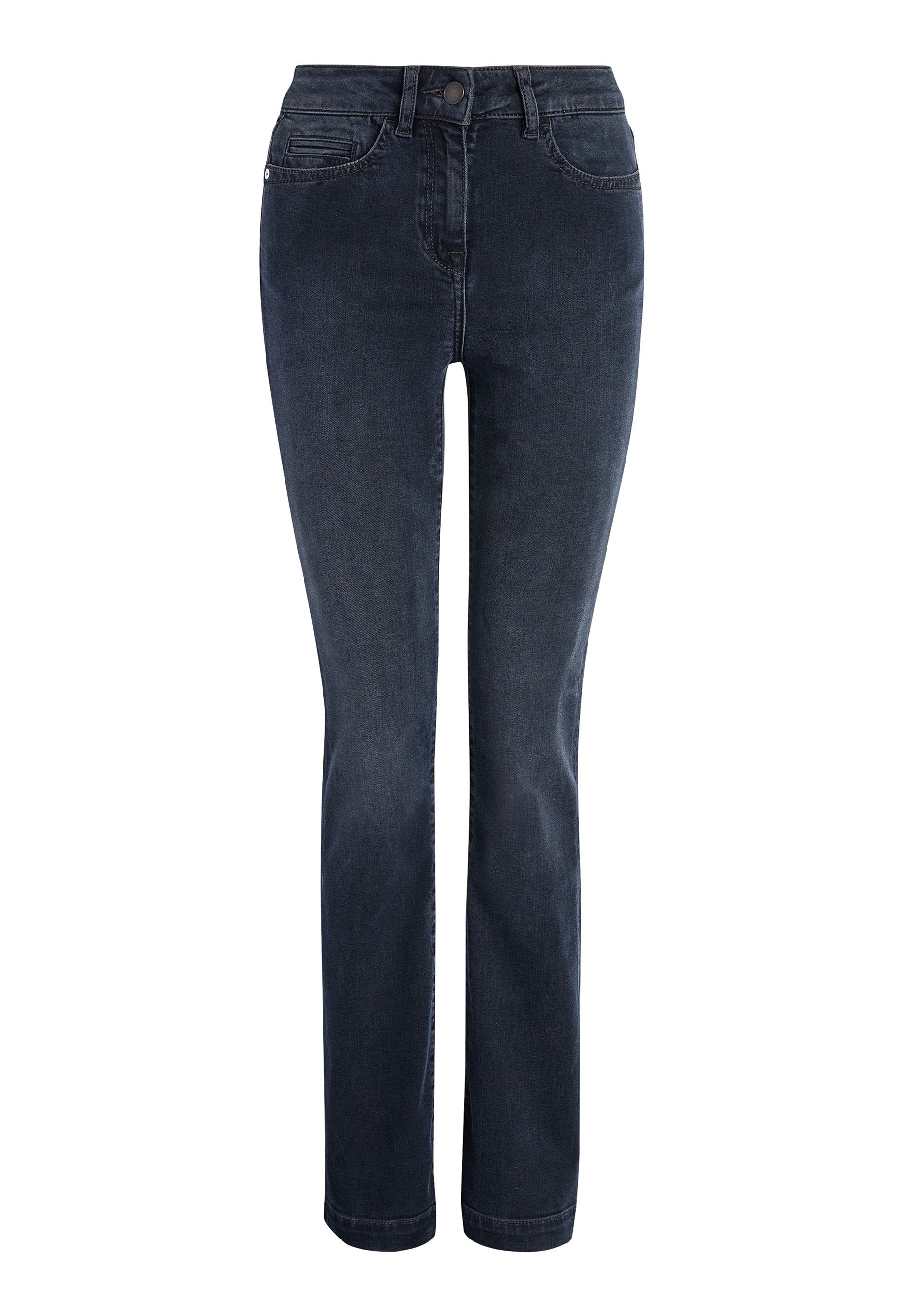Dunkelblaue Jeans aus Denim mit geradem Bein, Fünf-Taschen-Design und Metallknopfverschluss. Glatte Textur mit leichten Ausbleichungen an der Vorderseite.