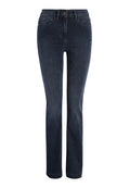 Dunkelblaue Jeans aus Denim mit geradem Bein, Fünf-Taschen-Design und Metallknopfverschluss. Glatte Textur mit leichten Ausbleichungen an der Vorderseite.