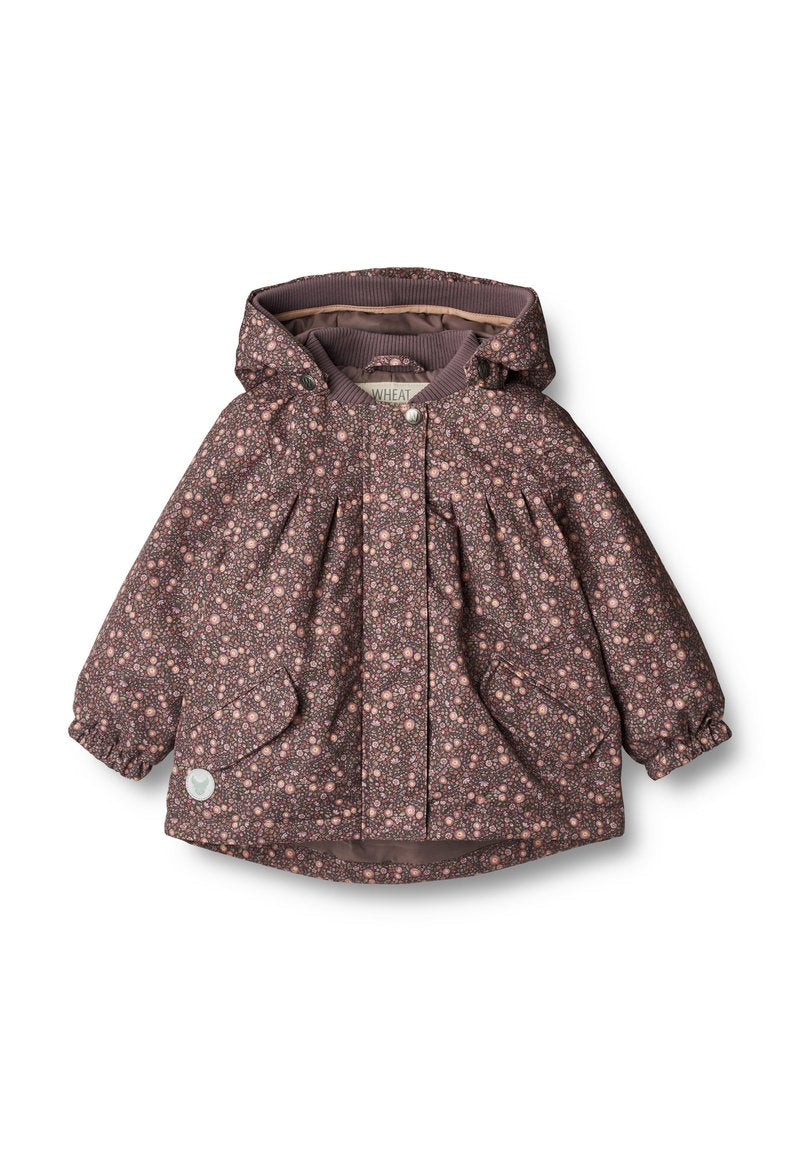Dunkelviolette Kinderjacke mit floralem Muster, gefütterter Kapuze, elastischen Bündchen und Druckknopfverschluss. Verfügt über zwei Vorder Taschen.