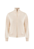 Hellbeige Zip-Up-Jacke aus weichem Stoff. Verfügt über einen hohen Kragen und gerippte Bündchen. Glatte Textur ohne Muster oder auffällige Akzente.