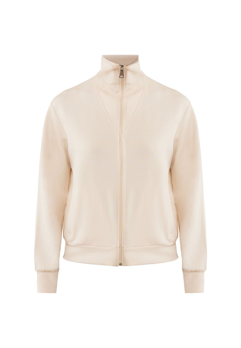 Hellbeige Zip-Up-Jacke aus weichem Stoff. Verfügt über einen hohen Kragen und gerippte Bündchen. Glatte Textur ohne Muster oder auffällige Akzente.