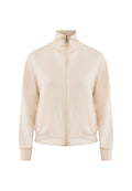 Hellbeige Zip-Up-Jacke aus weichem Stoff. Verfügt über einen hohen Kragen und gerippte Bündchen. Glatte Textur ohne Muster oder auffällige Akzente.