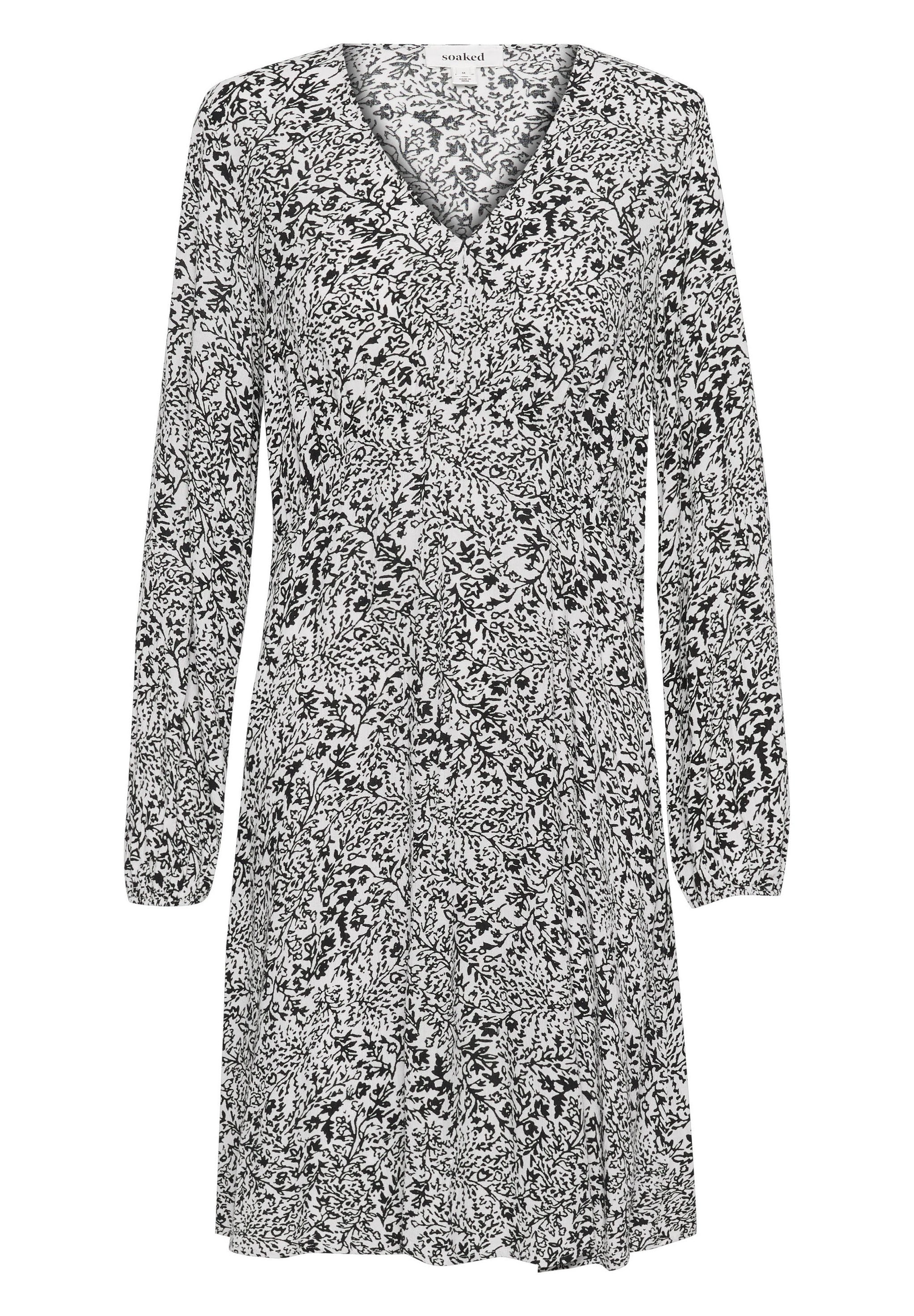 Schwarz-weißes Blumendruckkleid mit langen Ärmeln, V-Ausschnitt und einer taillierten Taille, die in einen lockeren Rock übergeht. Weiches, leichtes Material.