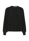 Schwarze Bluse aus strukturiertem Stoff, mit rundem Ausschnitt und langen Puffärmeln. Verfügt über dekorative Stickerei entlang der vorderen Nähte.