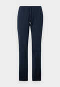 Marineblaue Hose aus glattem Stoff, mit elastischem Bund und Kordelzug, sowie schmal zulaufenden Beinen mit elastischen Bündchen.