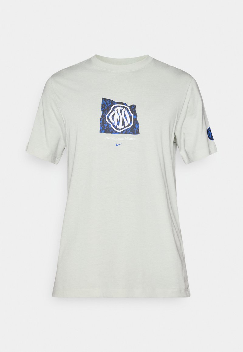 Hellegraues T-Shirt aus Baumwolle, mit einem blauen und schwarzen grafischen Muster und dem Logo "Internazionale Milano" auf der Vorderseite.