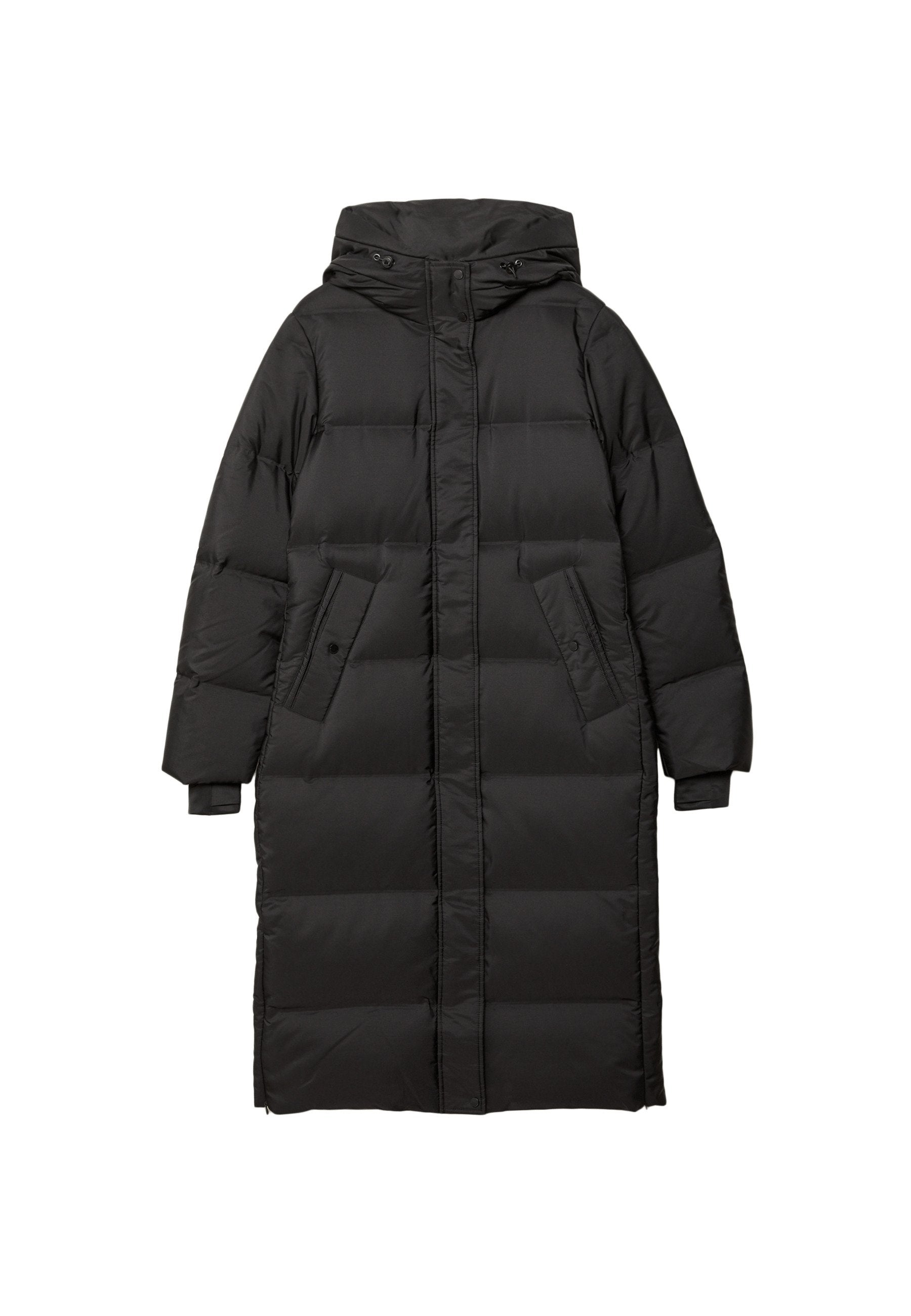 Schwarze Steppjacke, knielang, mit Kapuze, zwei Fronttaschen, gestepptem Design und elastischen Bündchen. Glatte, glänzende Materialtextur.