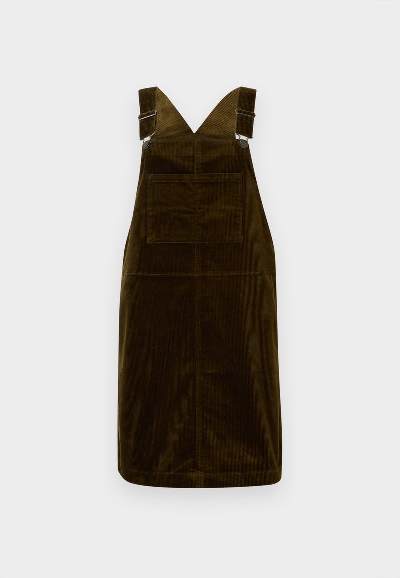 Dunkelgrünes Cordkleid mit verstellbaren Schulterträgern, einer Vordertasche und geradem Schnitt ohne Verzierungen.