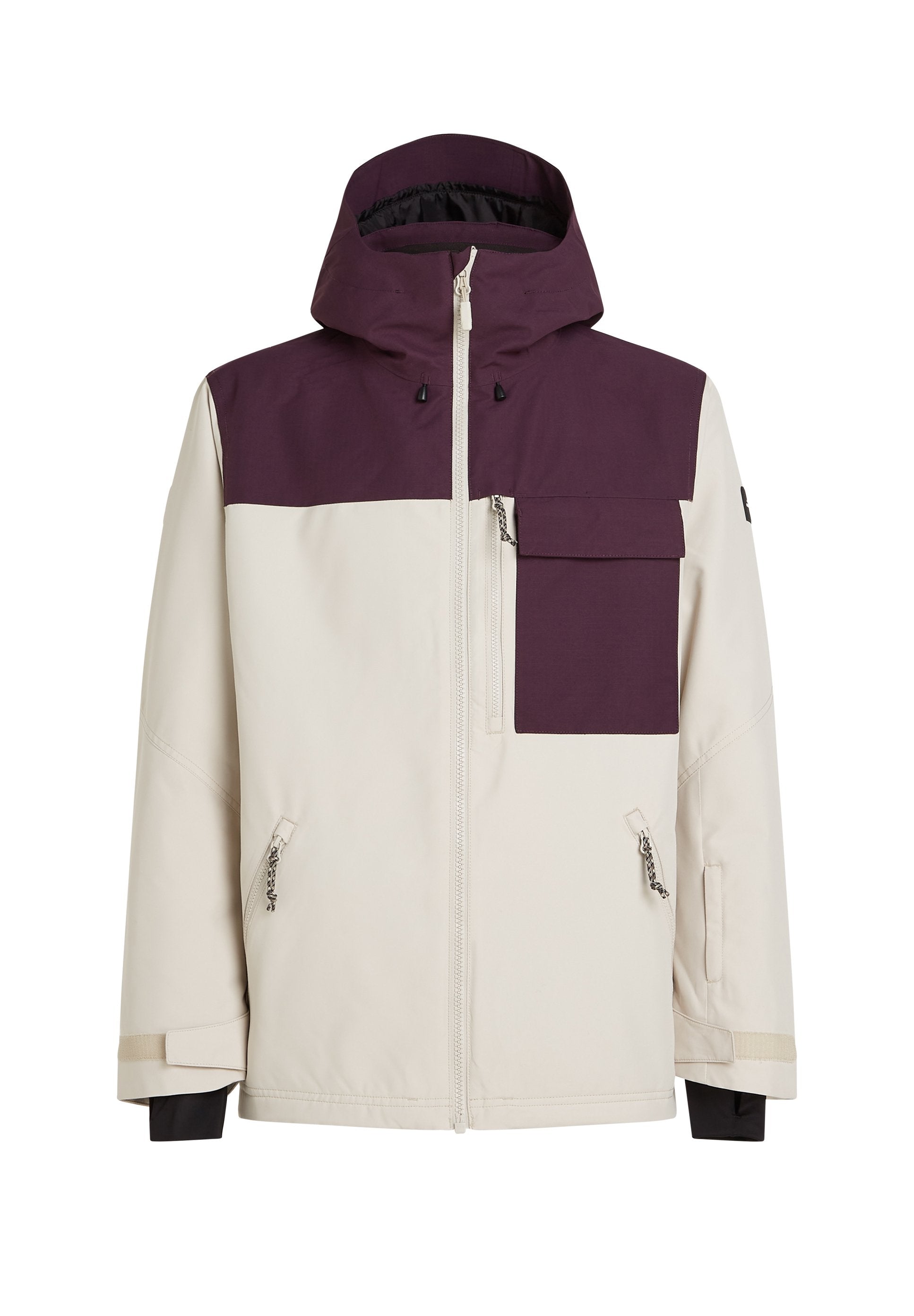 Helle beige Jacke mit einem dunkelpurpurnen oberen Abschnitt und großer Brusttasche. Verfügt über eine Kapuze, einen Reißverschluss und kontrastierende dunkle Bündchen.