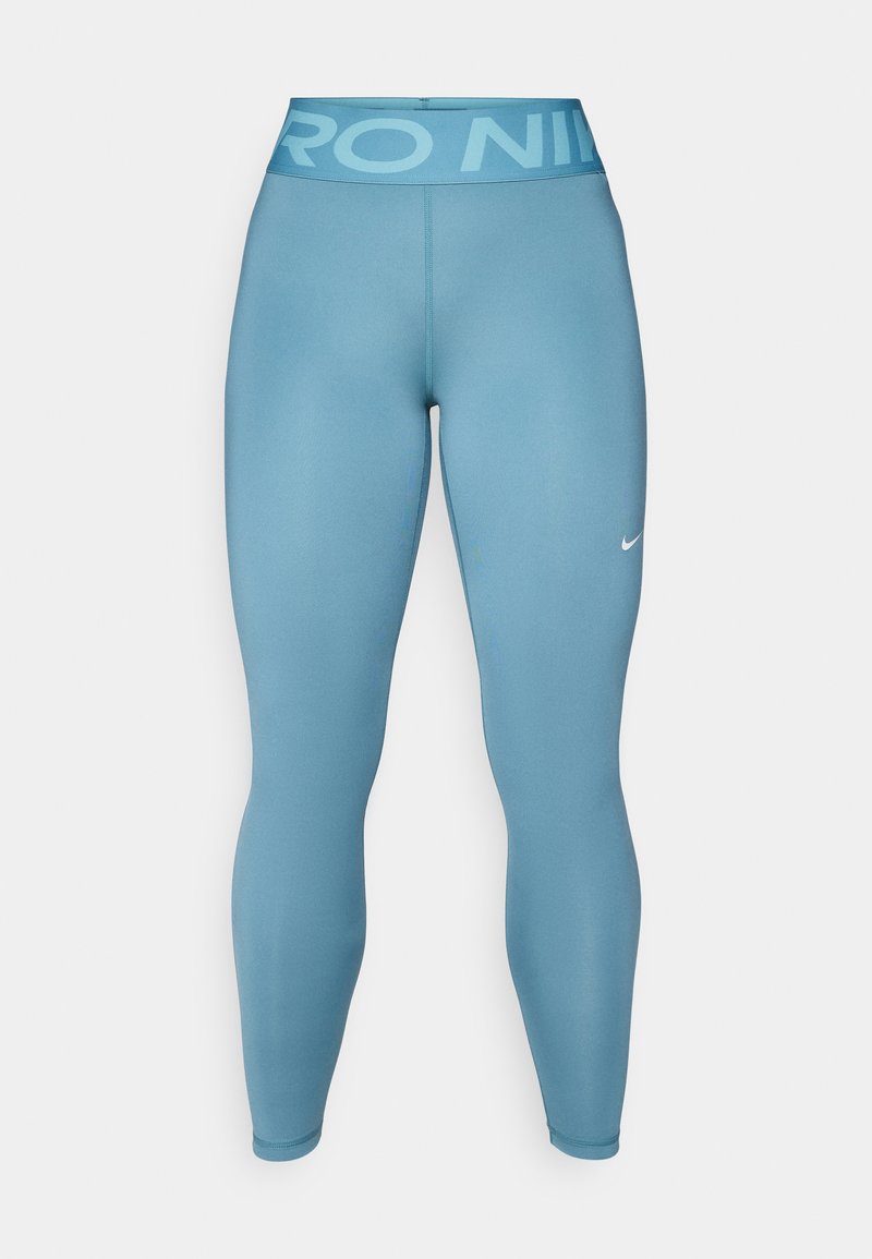 Hellblaue Sportleggings mit glatter Textur und hohem Bund, der mit der Aufschrift "PRO NIKE" verziert ist. Enthält ein kleines weißes Nike-Logo.