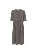 Graues Kurzarmkleid mit V-Ausschnitt, gerafftem Bund und fließendem Rock. Aus einem weichen, strukturierten Stoff gefertigt.
