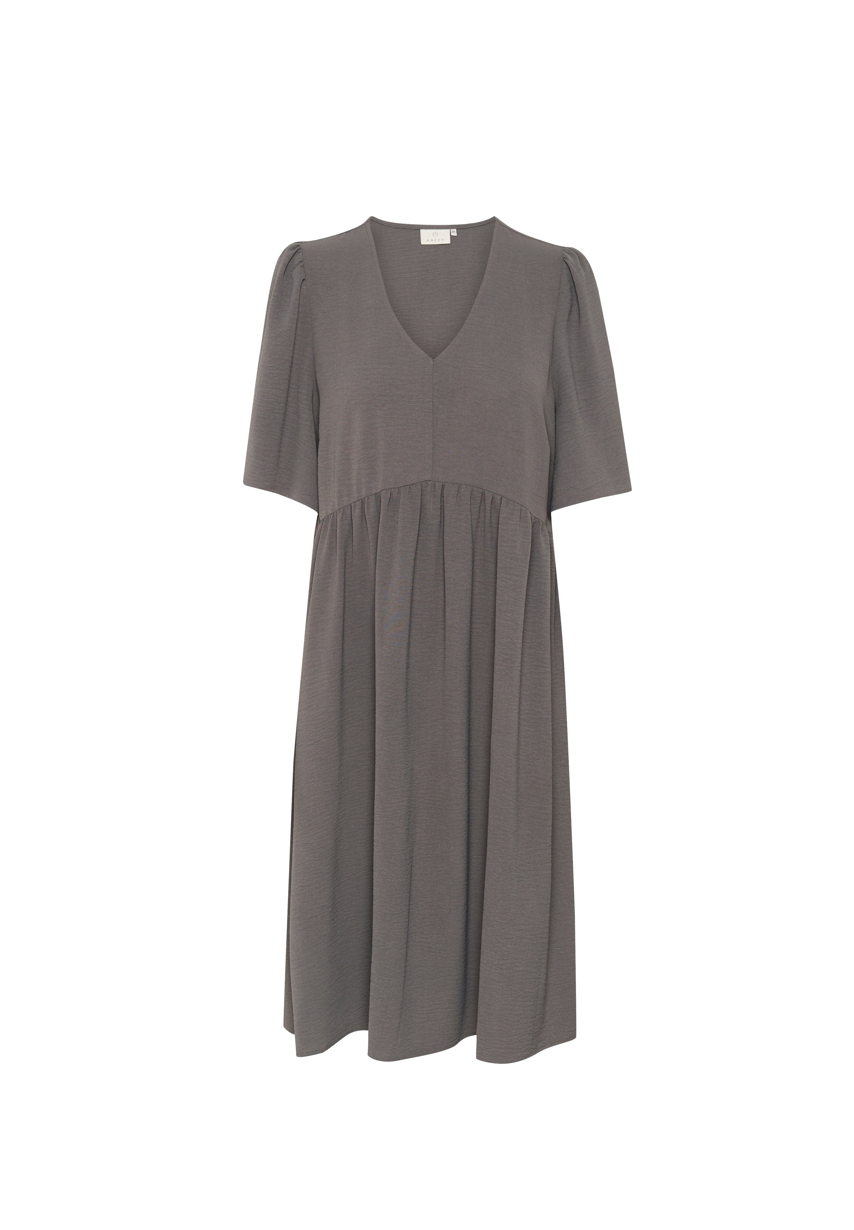 Graues Kurzarmkleid mit V-Ausschnitt, gerafftem Bund und fließendem Rock. Aus einem weichen, strukturierten Stoff gefertigt.