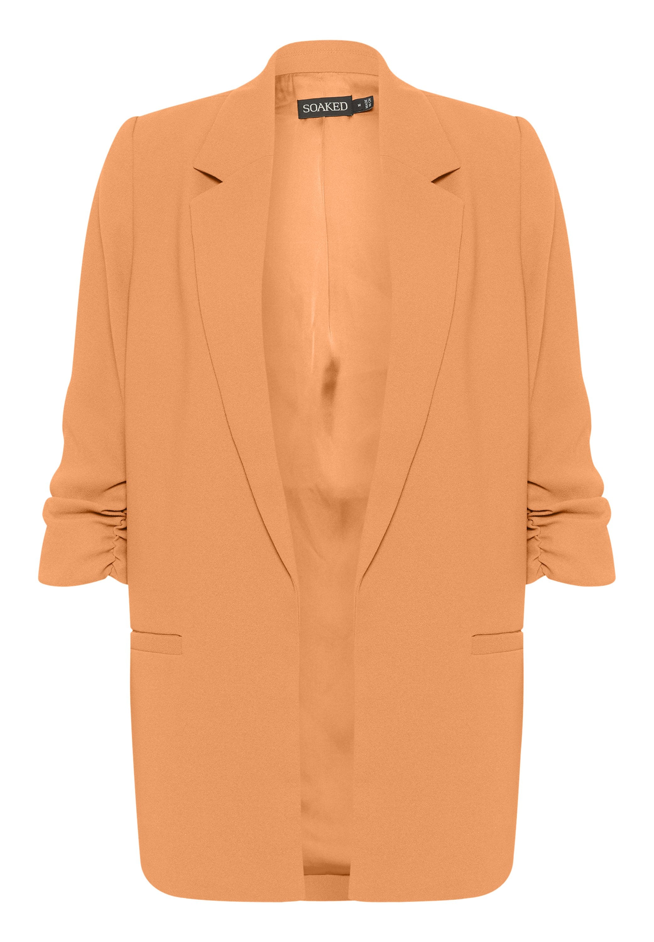 Orangen Blazer mit lockerer Passform, Schulterpolstern, offener Vorderseite, gerafften Ärmeln und zwei vorderen Taschen. Aus weichem Stoff gefertigt.