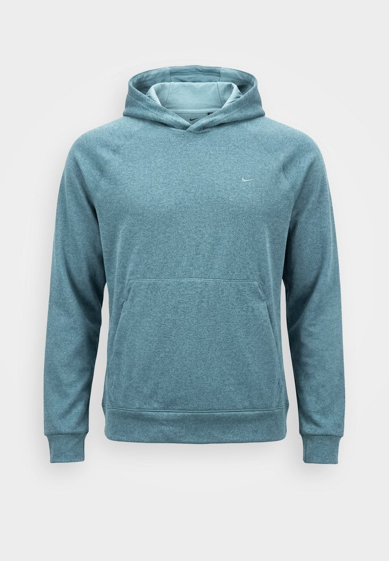 Hellblauer Hoodie mit langen Ärmeln, Fronttasche und kleinem Nike-Logo auf der linken Brust, dargestellt vor weißem Hintergrund.