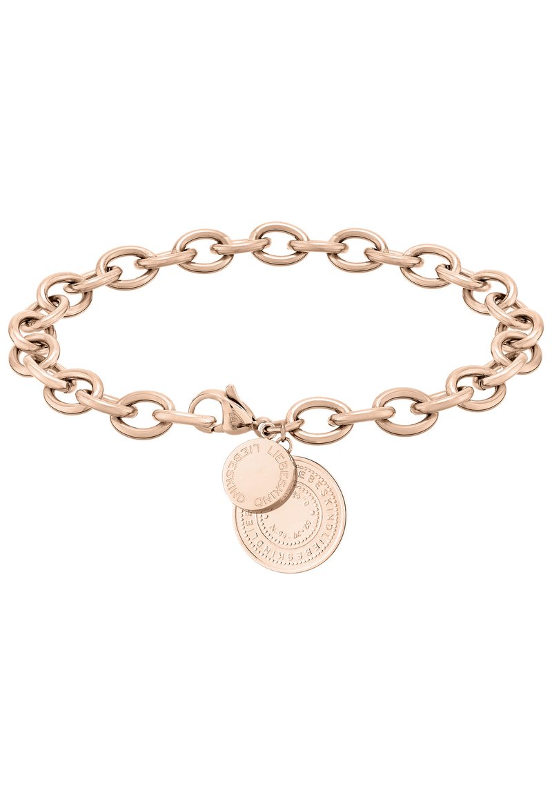 Armband aus roségoldfarbenem Metall mit großen ovalen Gliedern, einem Karabinerverschluss und zwei runden Anhängern mit Gravuren. Schlichte Metallstruktur.