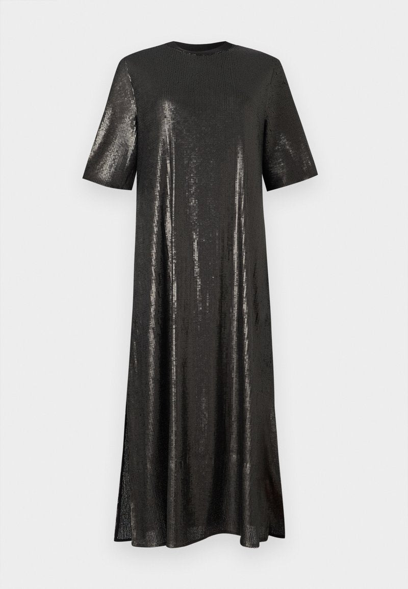 Schwarzes Paillettenkleid mit kurzen Ärmeln, Rundhals und lockerer Passform. Es hat eine lange Länge und leichte Seitenschlitze für Bewegungsfreiheit.