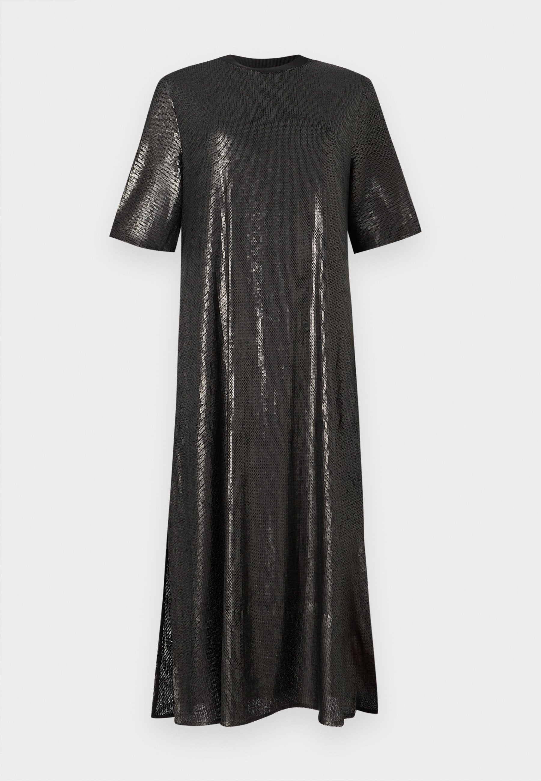 Schwarzes Paillettenkleid mit kurzen Ärmeln, Rundhals und lockerer Passform. Es hat eine lange Länge und leichte Seitenschlitze für Bewegungsfreiheit.
