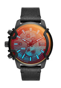 Schwarze Lederarmbanduhr mit großem rundem Zifferblatt, orange-blauem Farbverlauf, drei Unterzifferblättern, Datumsanzeige und Diesel-Logo.