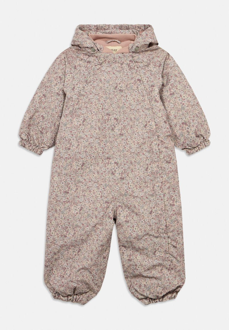 Einsieher mit Kapuze für Kinder, mit einem allover kleinen Blumenmuster in gedämpften Rosa-, Grau- und Beigetönen, ausgestattet mit elastischen Bündchen.