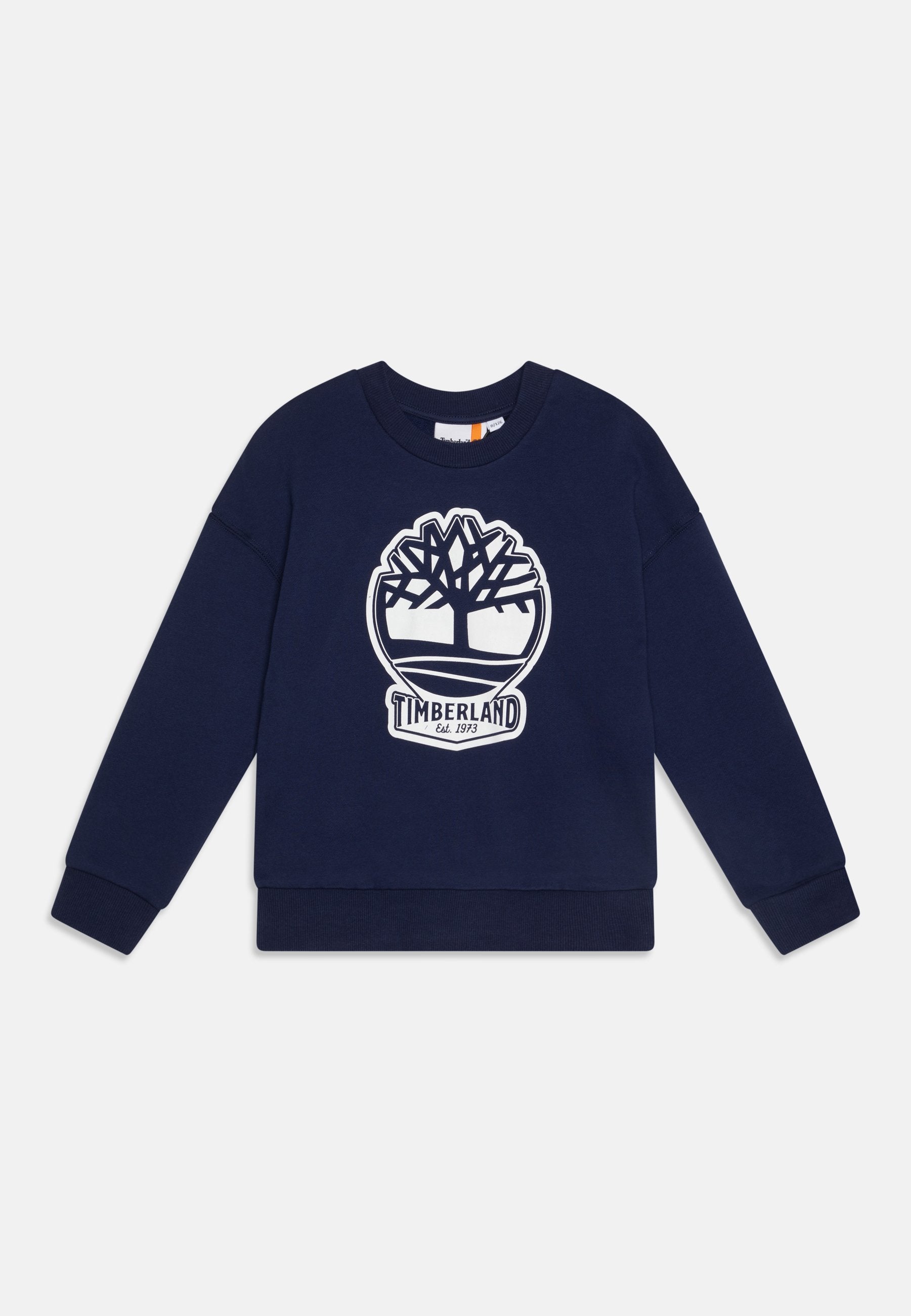 Dunkelblaue Sweatshirt aus Baumwolle mit einem weißen Baum-Logo und dem Design "Timberland Established 1973" in der Mitte, mit gerippten Bündchen.