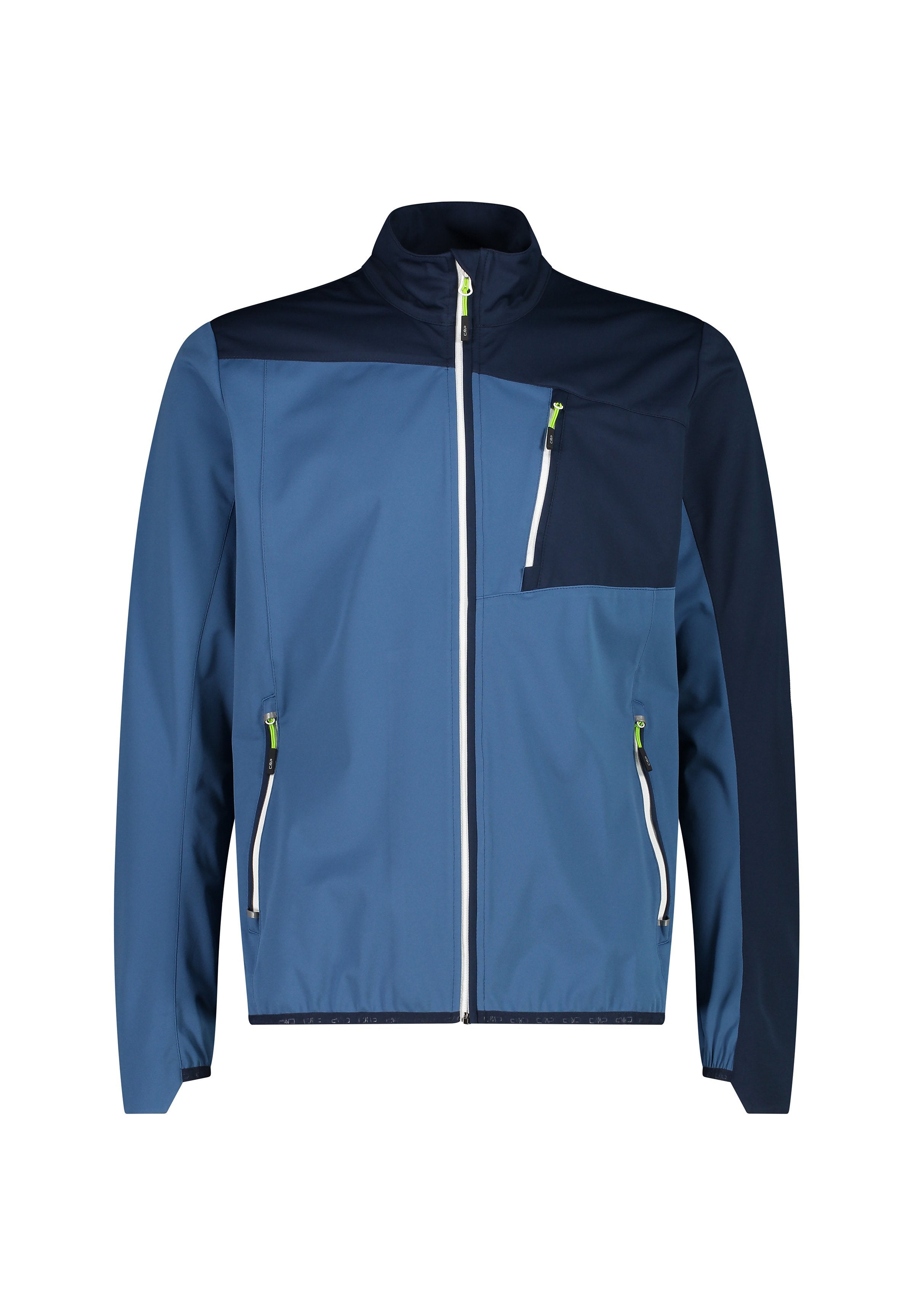 Blau- und marinefarbene Windbreakerjacke mit Reißverschluss vorne, hohem Kragen und Reißverschluss-Brust- sowie Seitentaschen. Merkmale ein kontrastierendes Panel-Design.