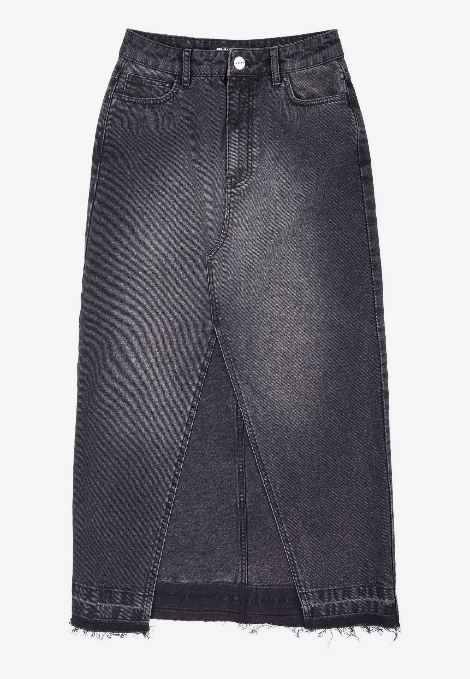 Dunkelgraßer Jeansrock mit hoher Taille, Frontspalt-Design, ausgefransten Säumen und zwei Seitentaschen. Klassische Fünf-Taschen-Stil.