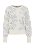 Weißer Pullover mit einer plüschigen Textur und einem grauen Blumenmuster. Er hat lange Ärmel und einen runden Ausschnitt.