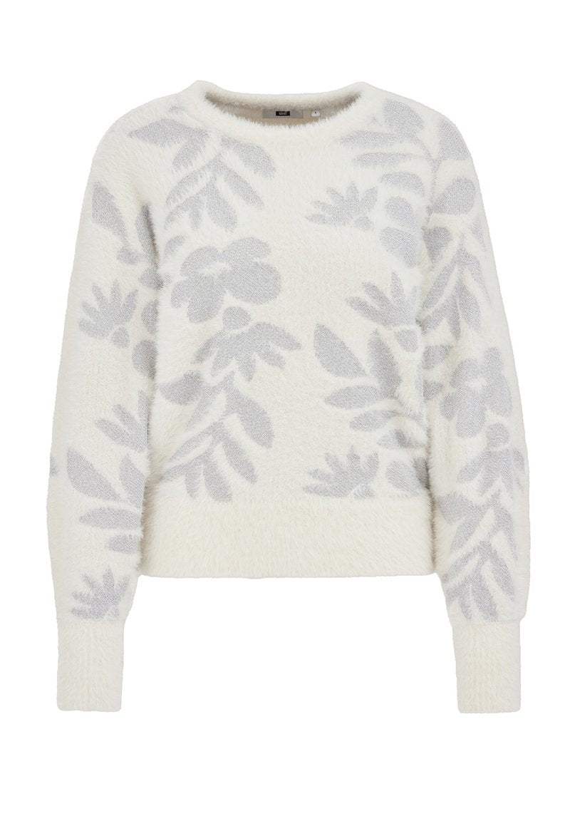 Weißer Pullover mit einer plüschigen Textur und einem grauen Blumenmuster. Er hat lange Ärmel und einen runden Ausschnitt.