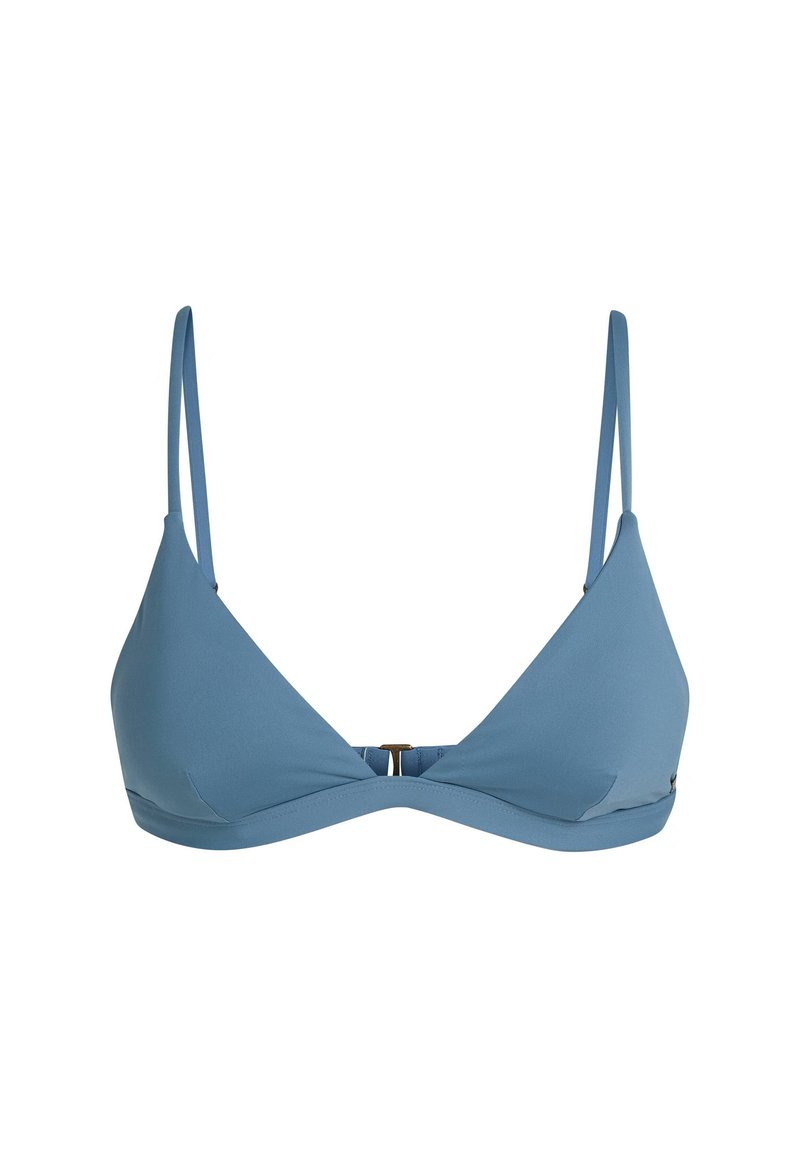 Blauer Triangel-Bikini-Oberteil mit dünnen Trägern, minimalistischem Design und einem goldenen Akzentdetail an der Vorderseite. Glatte Textur.