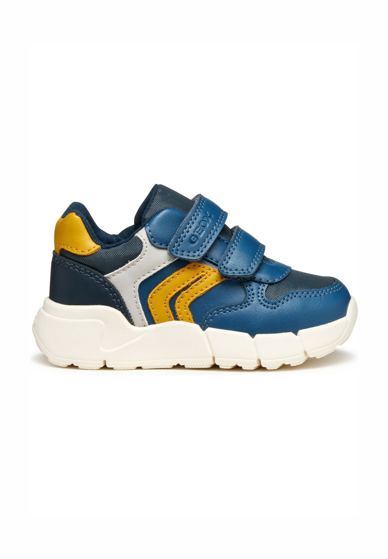 Blaues und gelbes Sport-Sneaker mit einem strukturierten Lederoberteil, zwei Klettverschlüssen und einer massiven weißen Gummisohle. Hat graue Akzente.