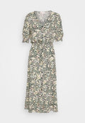 Blumen-Midikleid mit V-Ausschnitt, kurzen Puffärmeln und Taillenschutz. Der Stoff ist leicht und hat einen schwarzen Hintergrund mit einem mehrfarbigen Blumenmuster.