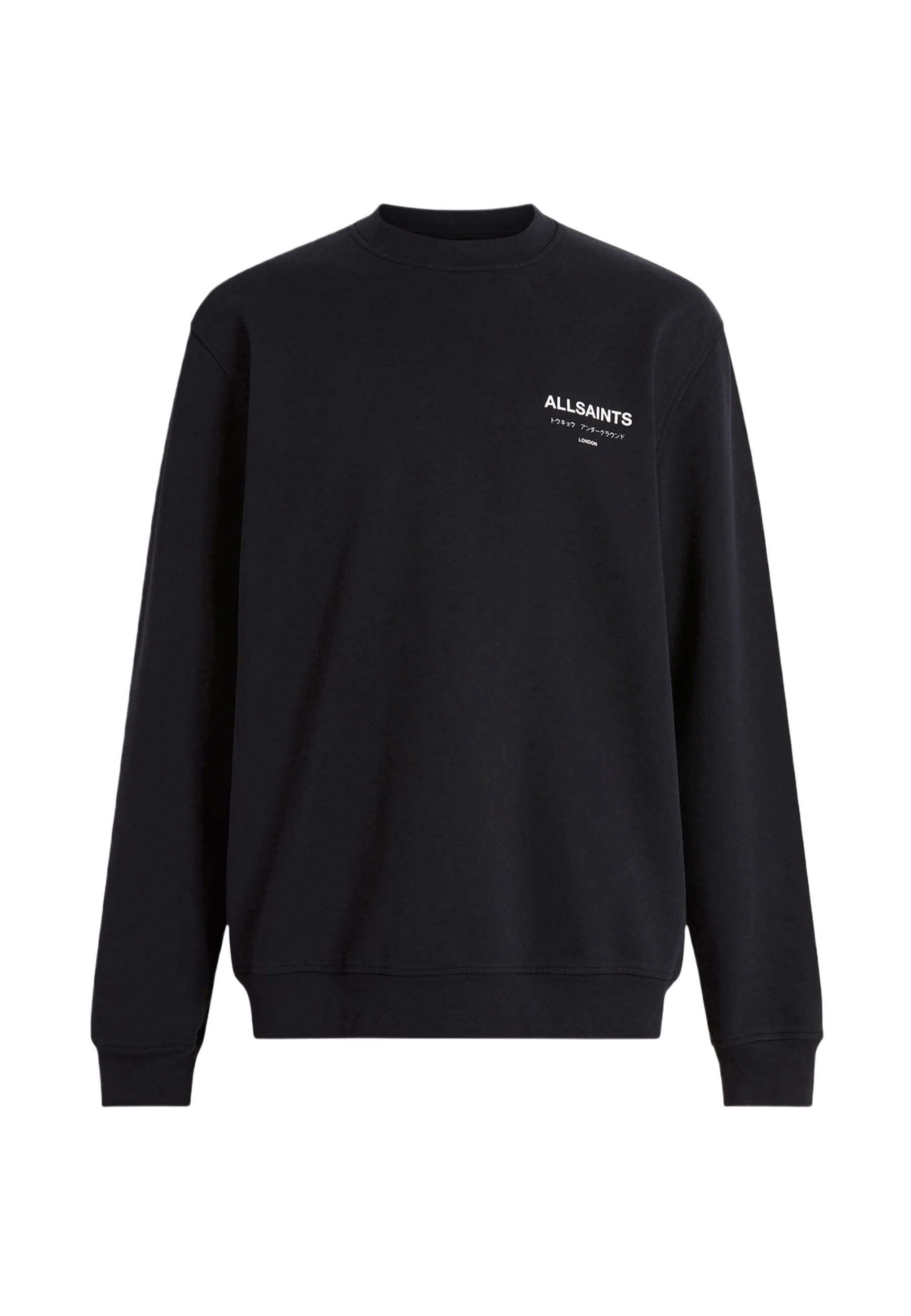 Schwarzer Rundhalsausschnitt-Pullover aus Baumwollmischung, mit einem weißen "ALLSAINTS"-Logo auf der linken Brust sowie gerippten Bündchen und Saum.