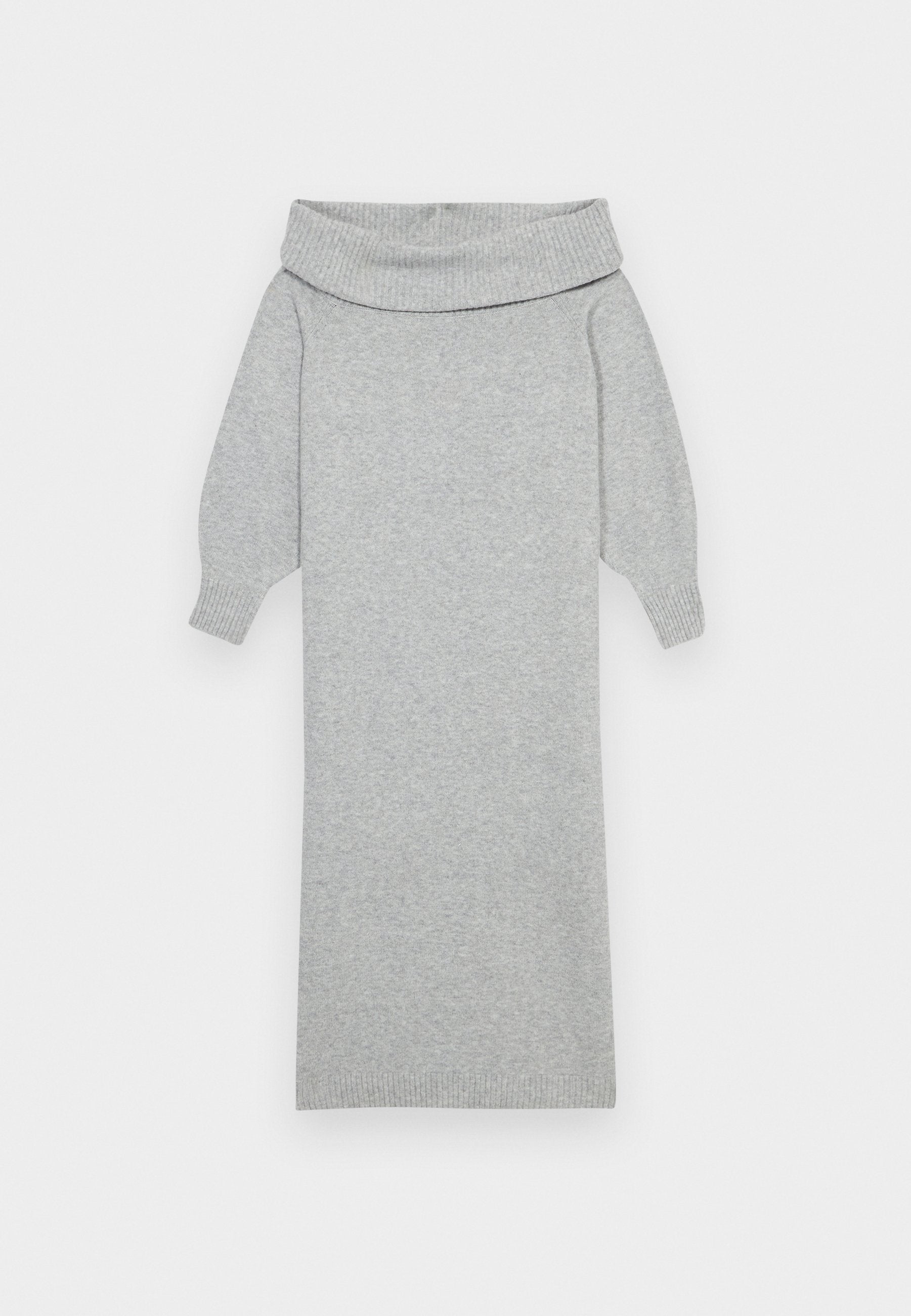 Graues gestricktes Sweaterkleid mit einem breiten Off-Shoulder-Kragen, gerippten Bündchen und gerader Silhouette. Weiche Textur und knielanges Design.