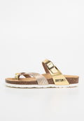 Goldene und metallisch rosafarbene Sandalen mit Korksohle, ausgestattet mit einem Riemen mit Schnalle und strukturierten Akzenten. "Bayton"-Logo auf der Seite aufgedruckt.