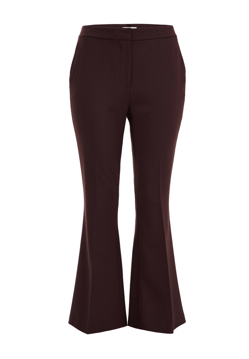 Braune, glockige Hose aus glattem Stoff mit hohem Bund und seitlichen Taschen, die einen sauberen, maßgeschneiderten Look bietet.