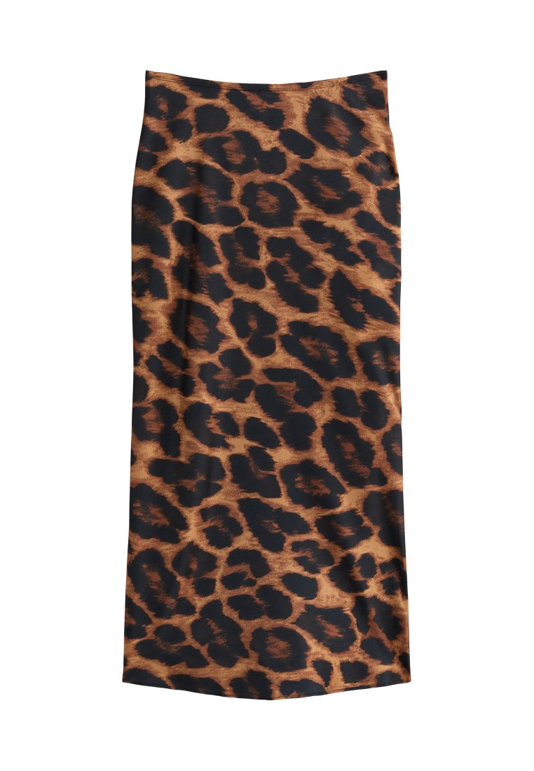 Leopardenmuster-Rock mit einem braunen und schwarzen Muster, glatter Textur, knöchellangem Design und figurbetonter Silhouette.