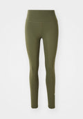 Olivgrüne Leggings aus dehnbarem Material, hoch geschnittenes Design, glatte Textur und ein kleines weißes Nike-Logo-Akzent am Unterschenkel.