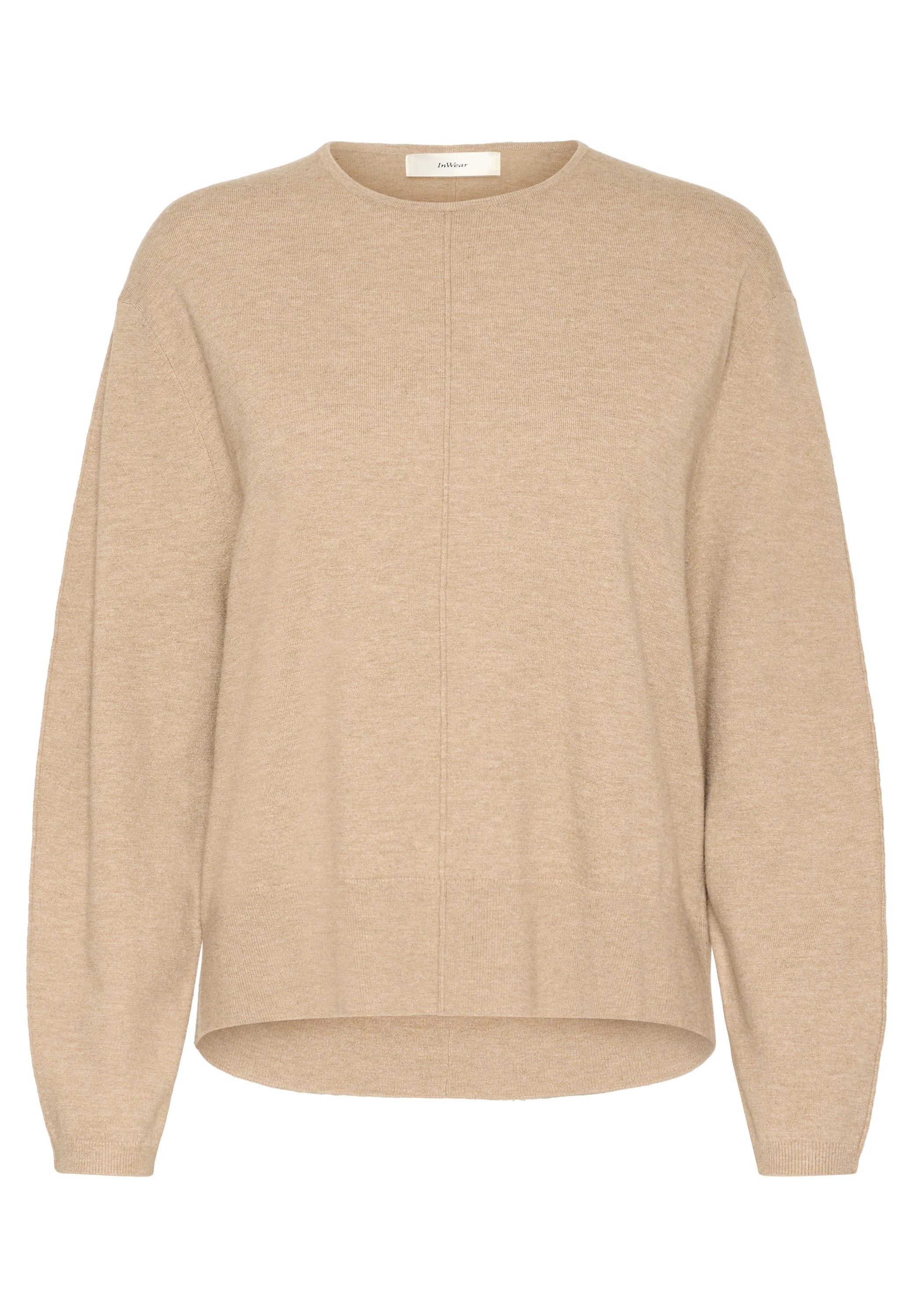 Beige gestrickter Pullover mit rundem Ausschnitt, langen Ärmeln und lockerer Passform. Mit vertikalen Nahtdetails und leicht abgerundetem Saum.