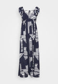 Navyblaues Maxikleid mit weißen abstrakten Mustern, das über Rüschenträger und eine lockere, fließende Silhouette verfügt. Weicher Stoff.