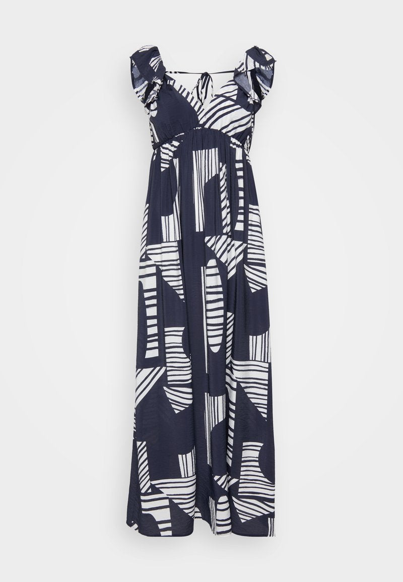 Navyblaues Maxikleid mit weißen abstrakten Mustern, das über Rüschenträger und eine lockere, fließende Silhouette verfügt. Weicher Stoff.