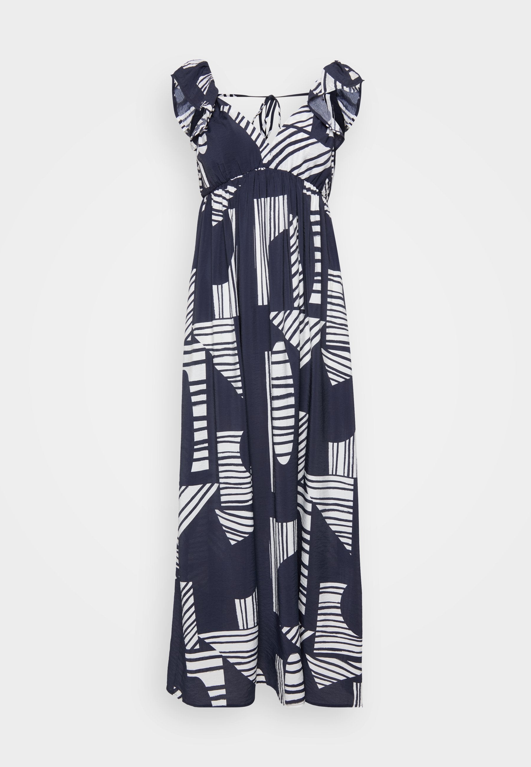 Navyblaues Maxikleid mit weißen abstrakten Mustern, das über Rüschenträger und eine lockere, fließende Silhouette verfügt. Weicher Stoff.