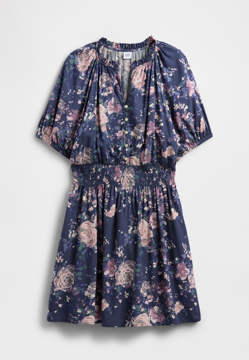 Florales Kleid in Marineblau mit rosa Rosen, kurzen Ärmeln, geraffter Taille und Knopfleiste vorne. Weicher, glatter Stoff mit fließender Form.