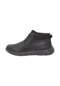 Schwarze Leder-Ankle-Boots mit glatter Oberfläche, Schnürdesign, gepolstertem Kragen und einer strukturierten Gummisohle für besseren Grip.