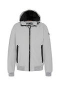 Hellgraue Jacke mit Kapuze, Frontreißverschluss und schwarzen Akzenten. Verfügt über zwei seitliche Reißverschlusstaschen und elastische Bündchen. Glatte Textur.