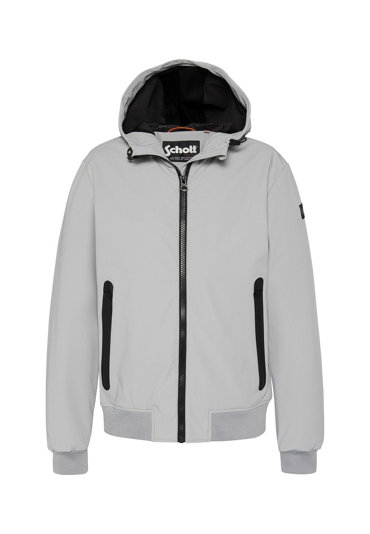 Hellgraue Jacke mit Kapuze, Frontreißverschluss und schwarzen Akzenten. Verfügt über zwei seitliche Reißverschlusstaschen und elastische Bündchen. Glatte Textur.