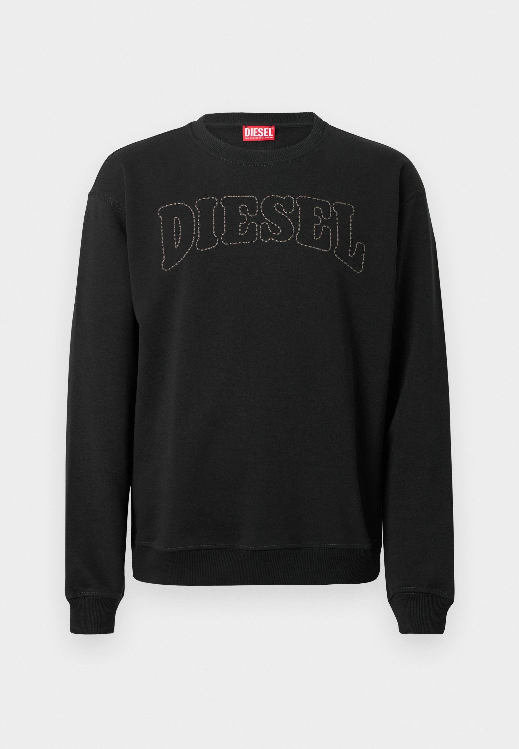 Schwarzer Pullover aus Baumwolle mit auffälliger "DIESEL"-Beschriftung in kontrastierender Naht. Klassischer Rundhalsausschnitt und gerippte Bündchen.
