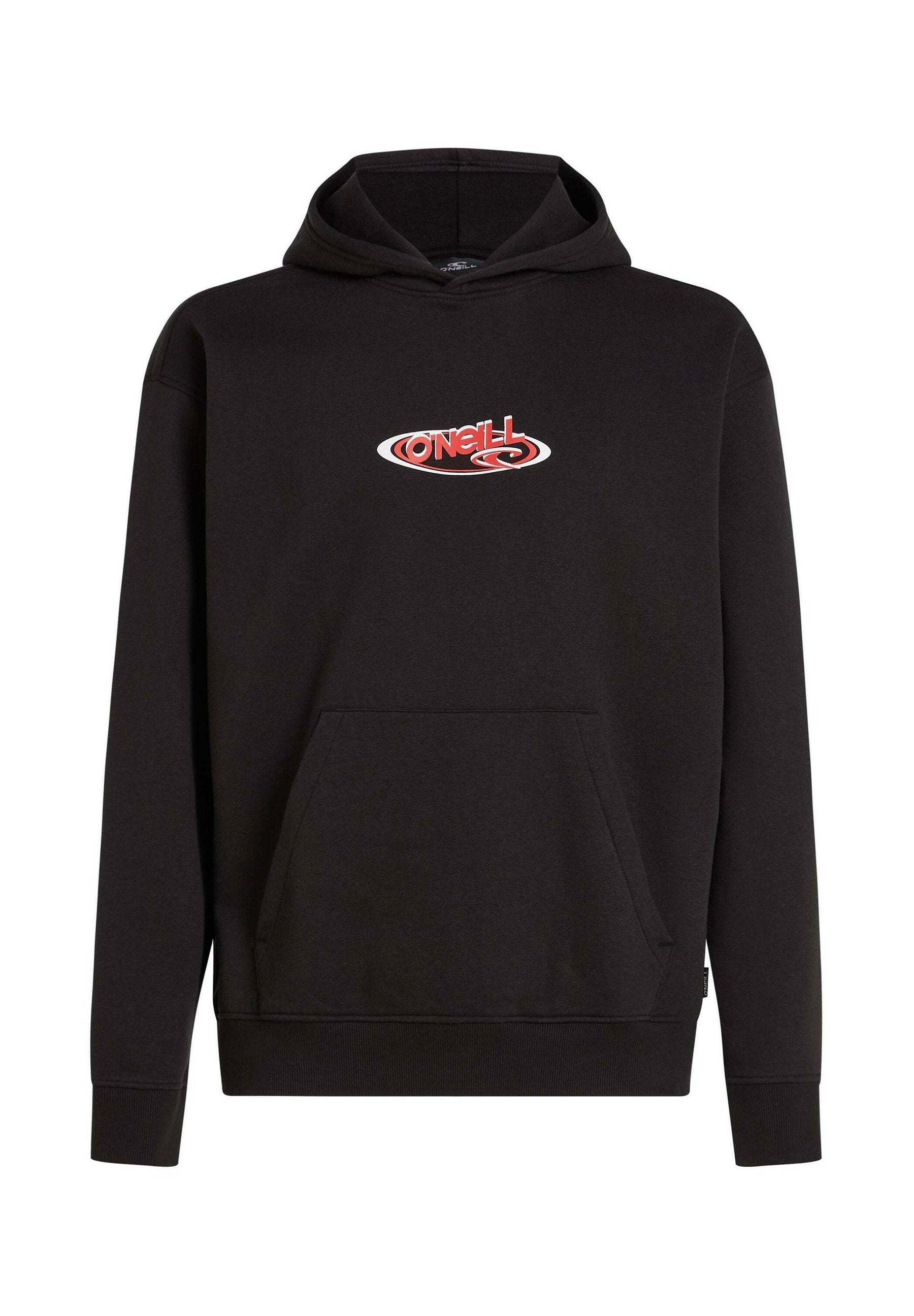 Schwarzer Hoodie mit einer Vorderseite-Tasche, versehen mit einem roten und weißen "O'Neill" Logo. Hergestellt aus weichem Stoff, mit Kapuze und Kordelzug.