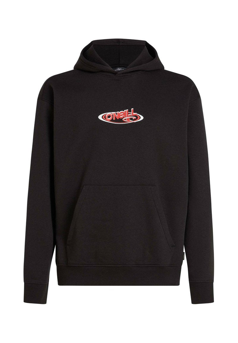 Schwarzer Hoodie mit einer Vorderseite-Tasche, versehen mit einem roten und weißen "O'Neill" Logo. Hergestellt aus weichem Stoff, mit Kapuze und Kordelzug.