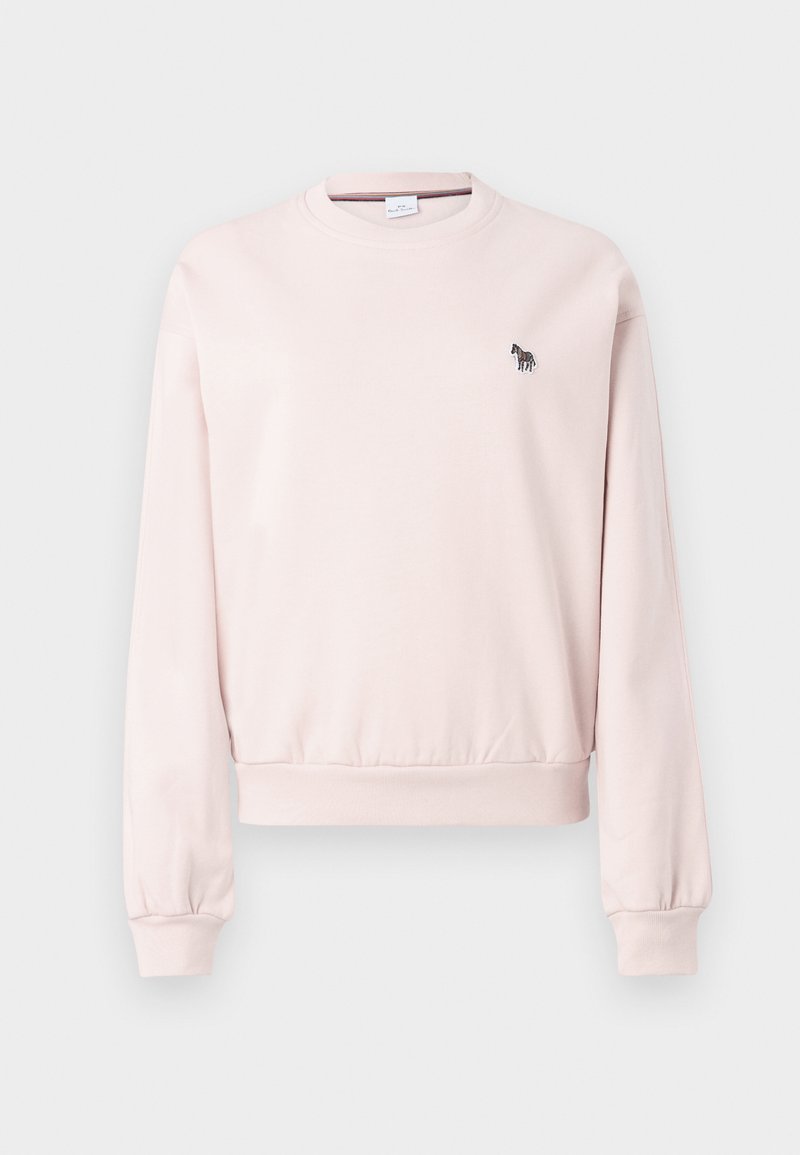 Rosa Crewneck-Sweatshirt aus weichem Material, mit gerippten Bündchen und Saum. Enthält eine kleine schwarz-weiße Zebra-Stickerei auf der Brust.